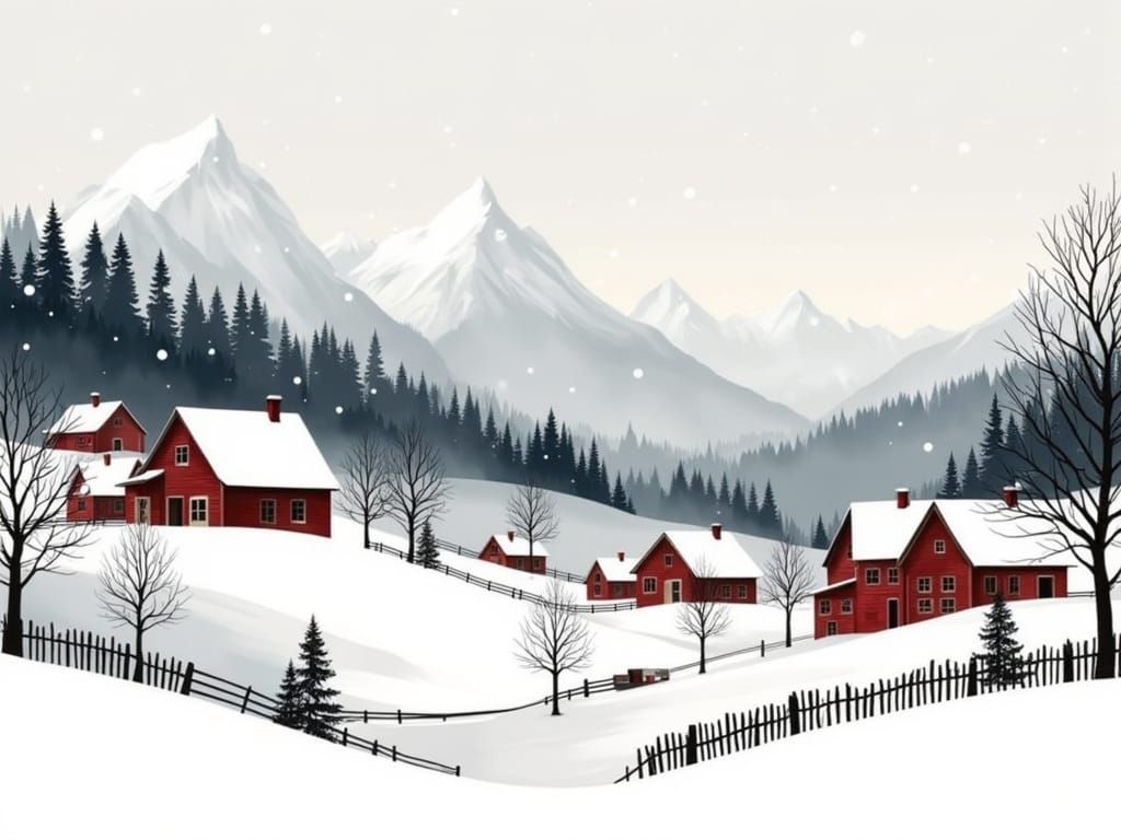 Surreal Winter Village in Watercolor