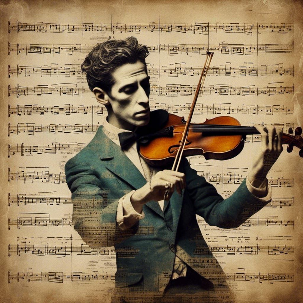 Violinist Portrait with Newspaper Texture Effect