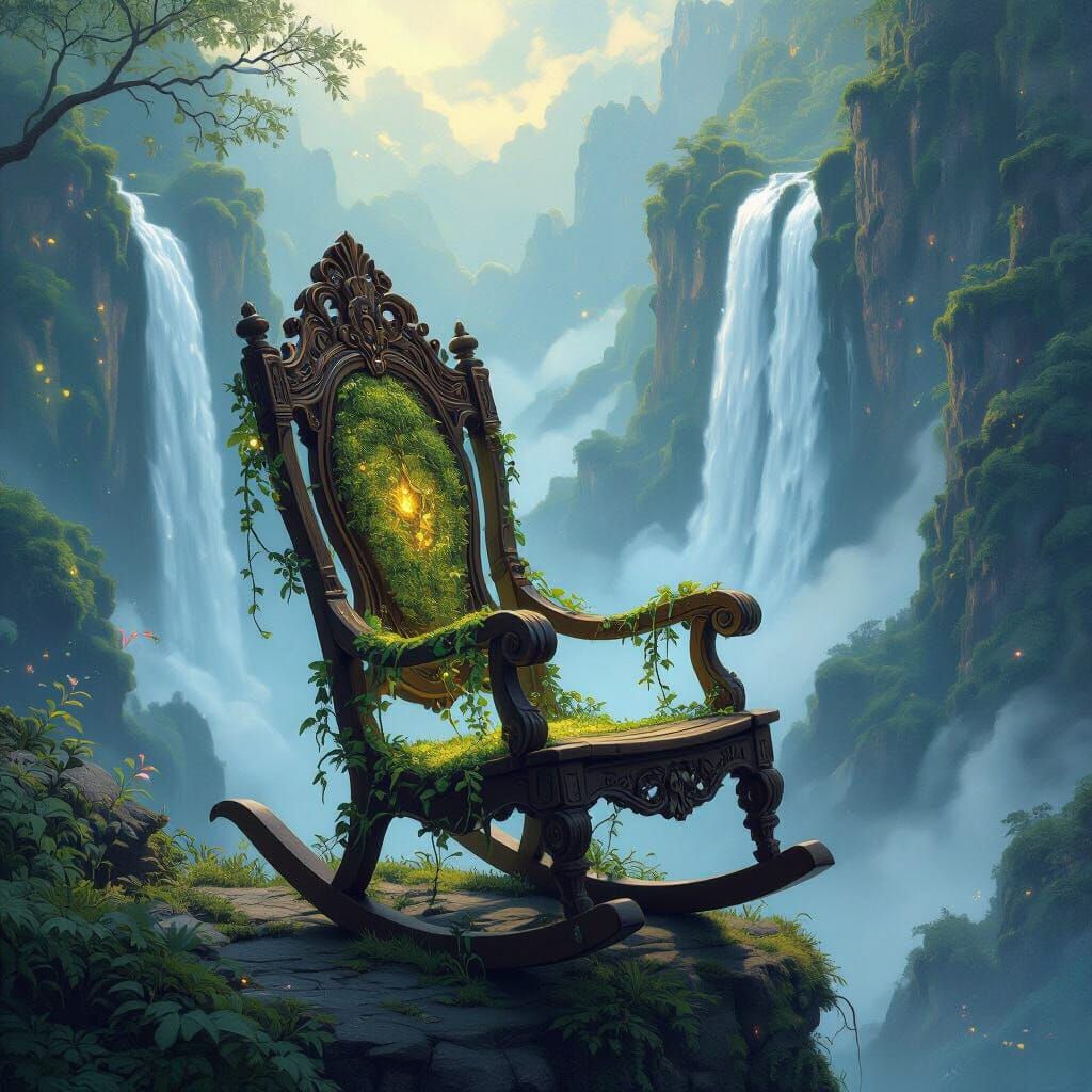 Bioluminescent Valley: Rocking Chair at Waterfall Edge
