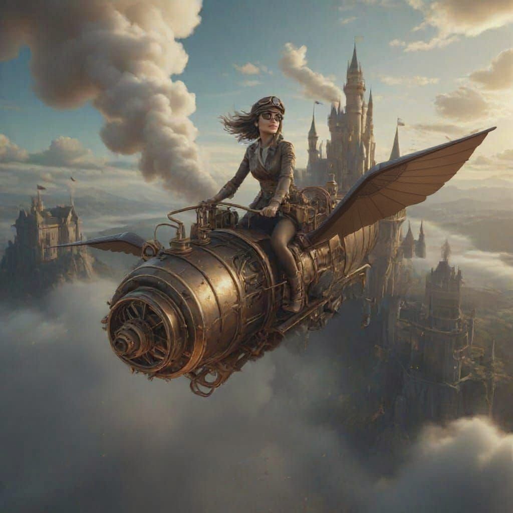 Steampunk Flying Machine with Airplane Wings