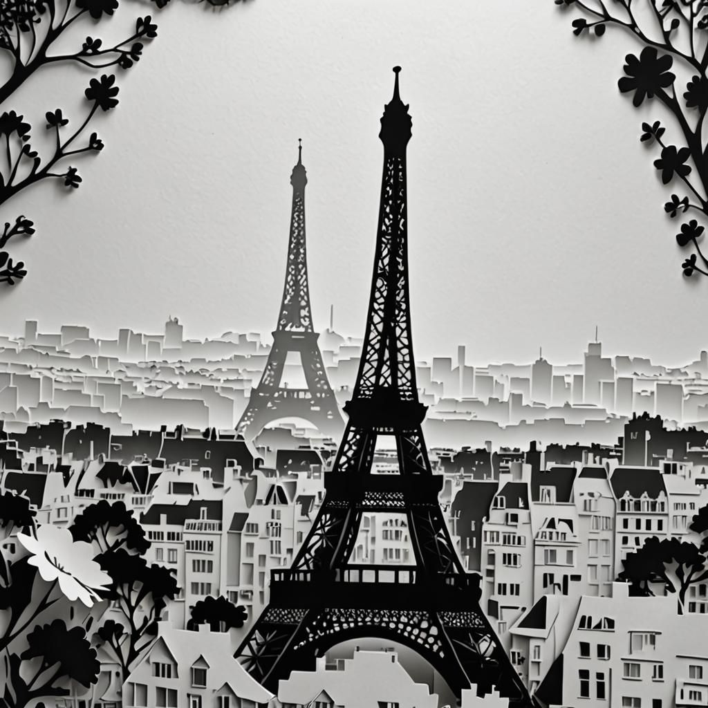 Paris Eiffel Tower Silhouette in Paper Cut Style