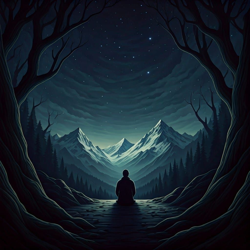 Mysterious Mountain Night: Twinkling Stars and Shadows