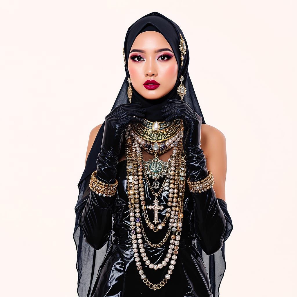 Asian Woman in Hijab with Pearl Body Chain in Pop Art Style