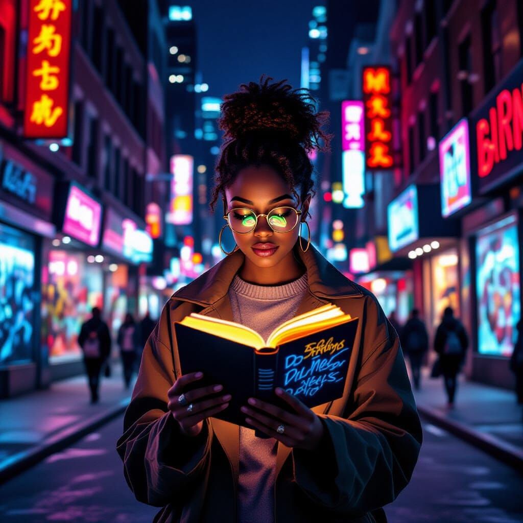 African American Librarian Reading Holographic Book on Neon ...