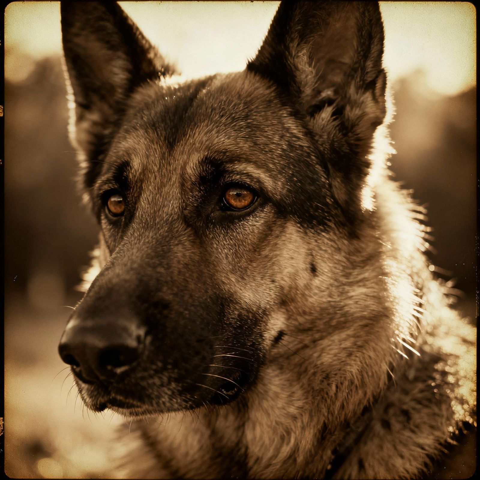 Retro Cinematic Portrait of a German Shepherd Dog