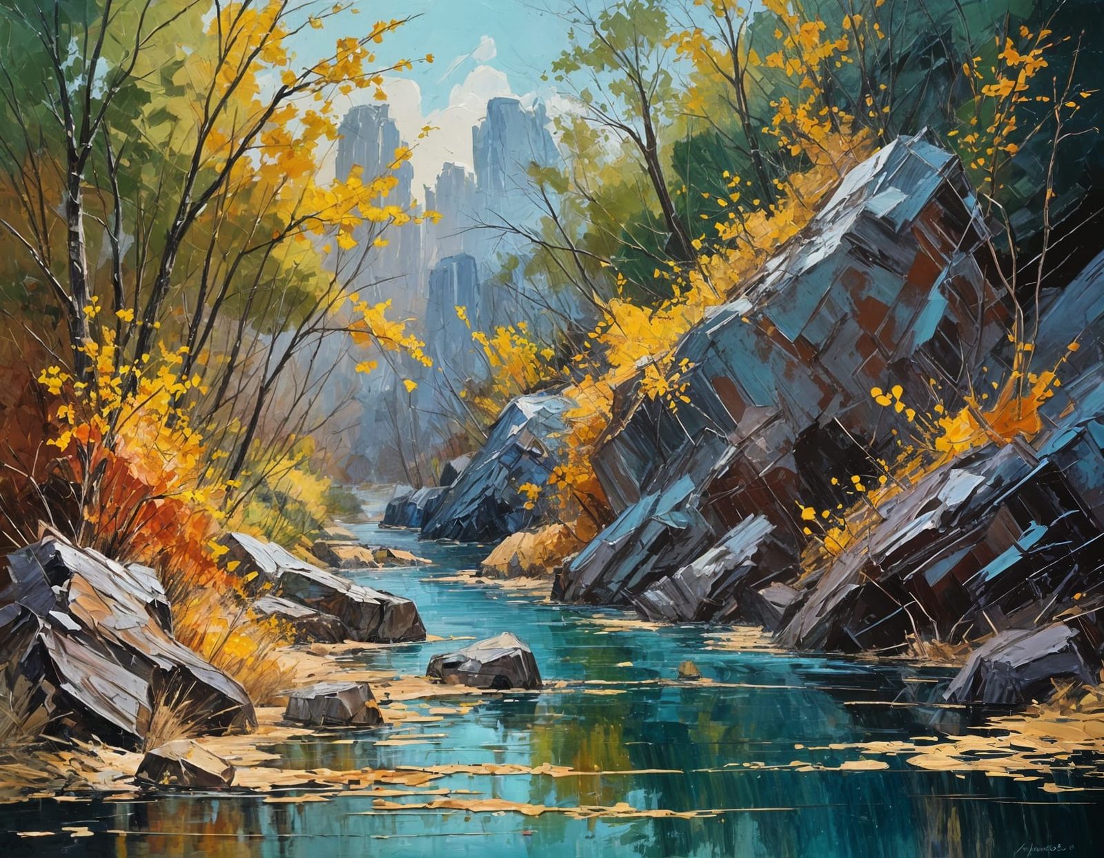 Vibrant Autumn Landscape in Impasto Dry Brush Style