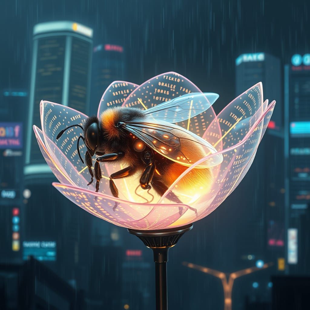 Cybernetic Bumblebee Sleeping in Holographic Flower