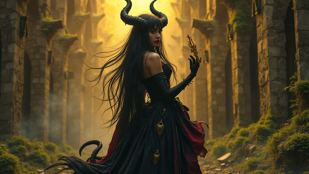 Victorian Demon Exploring Gothic Ruins in Art Nouveau Style