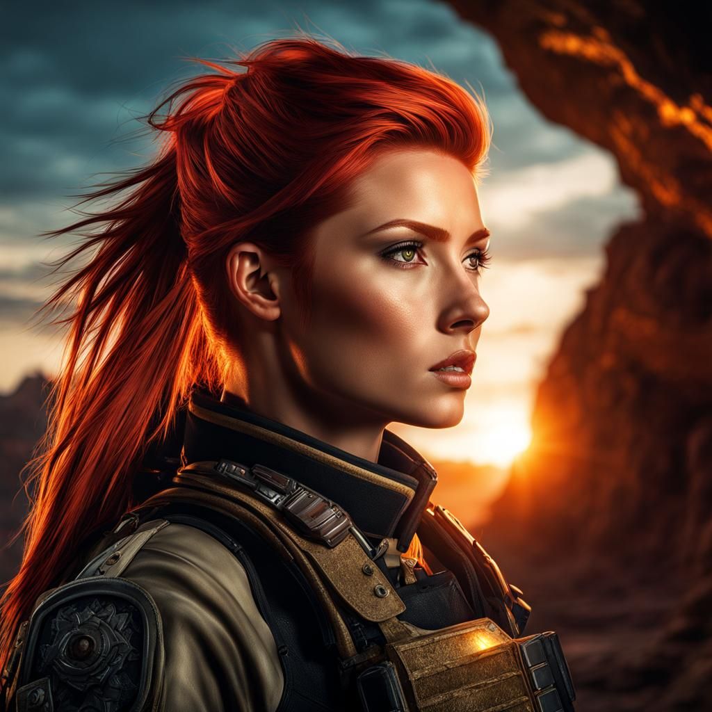 Aetherpunk Redhead Soldier in Sunset Cave