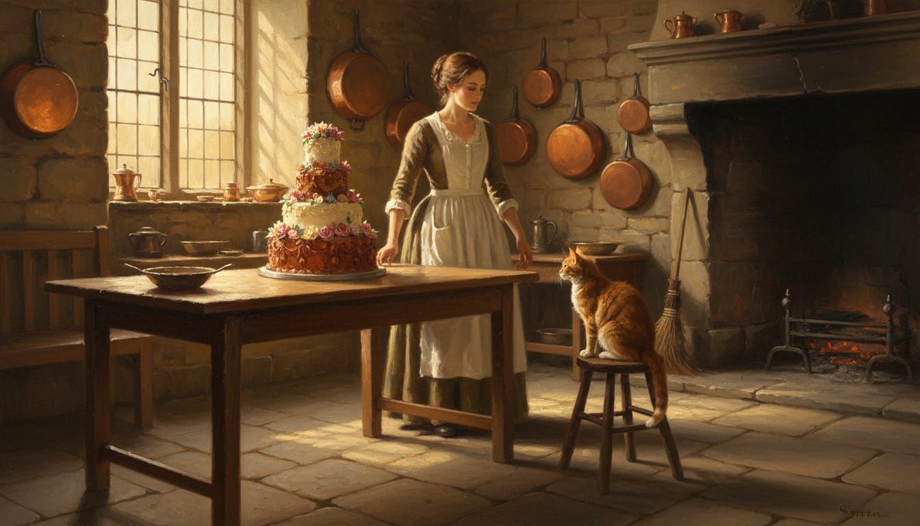 Georgian Kitchen Scene with Cake and Cat, Oil Painting Style