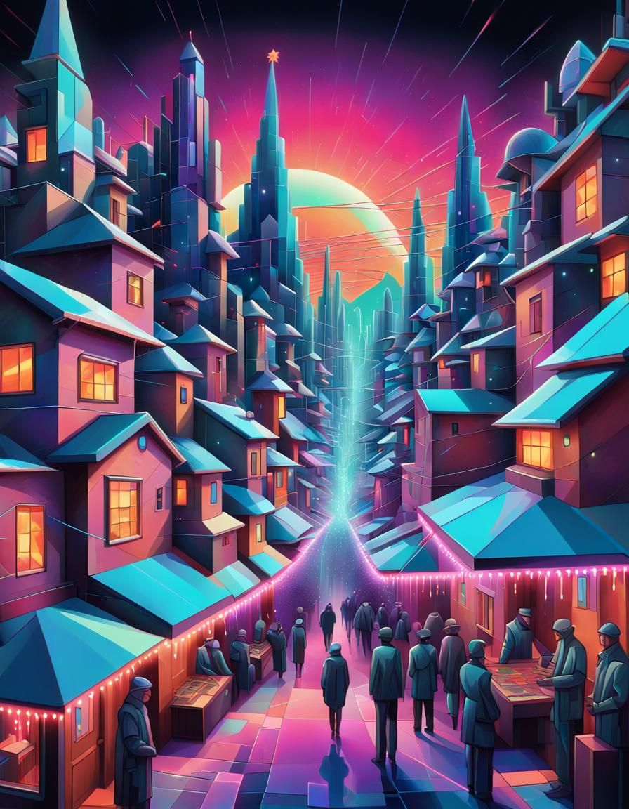 Neon Cubist Village Aglow with Christmas Lights