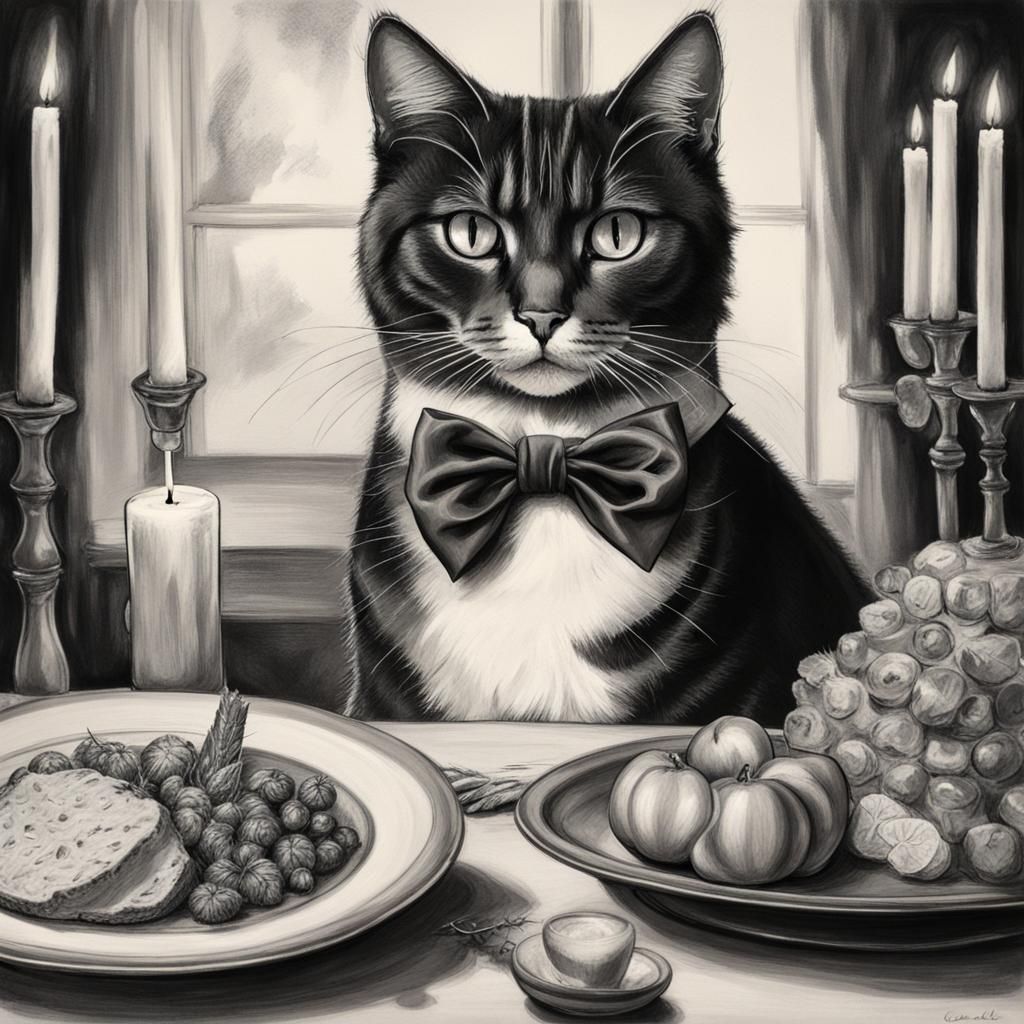 Hyperdetailed Charcoal Drawing of Cat in Bow Tie