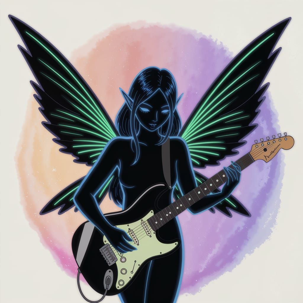Manga Fairy Shines Under Blacklight with Electric Guitar
