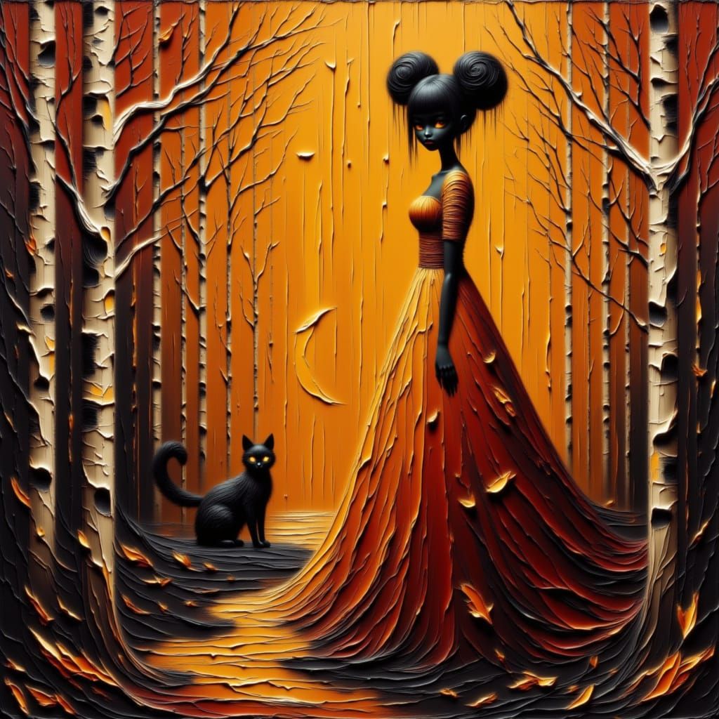 Regal Woman in Amber Autumn Forest, Gothic Style