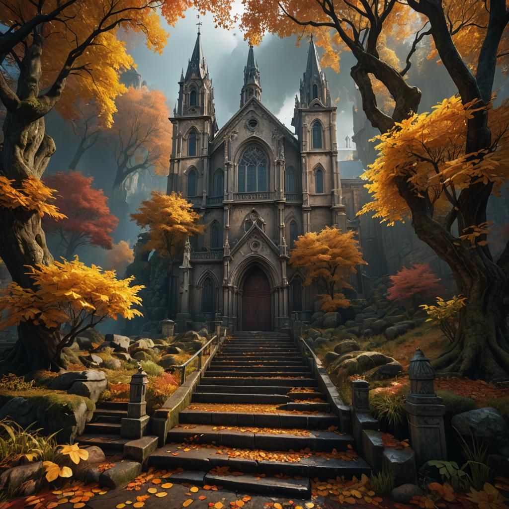 Autumn Church with Water: Detailed Matte Painting