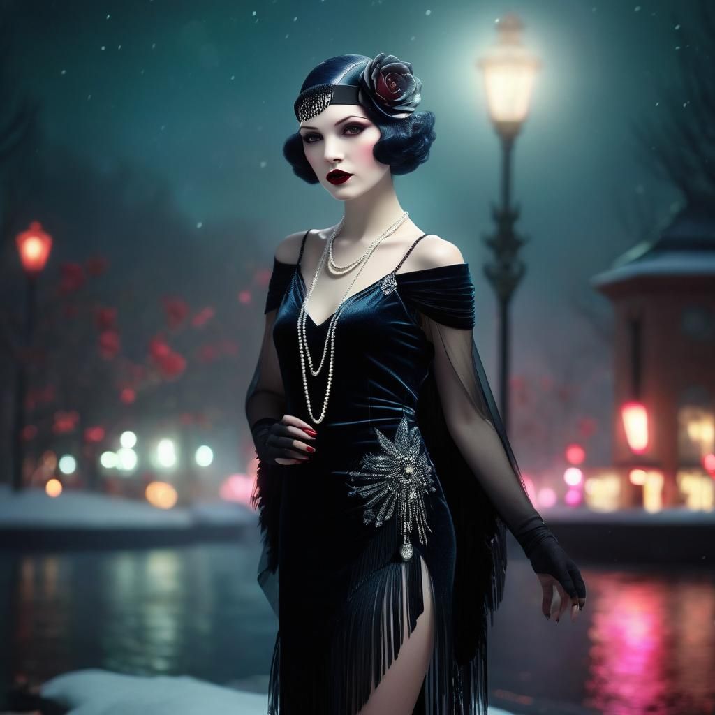 Art Deco Vampire Flapper in Velvet Dress