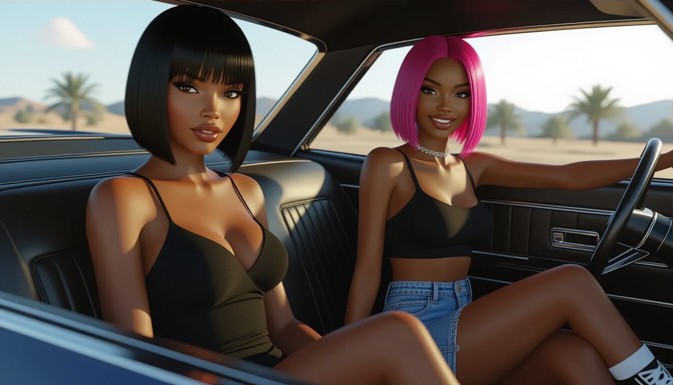 African Women in Car, Feared and Smiling, Dramatic Lighting