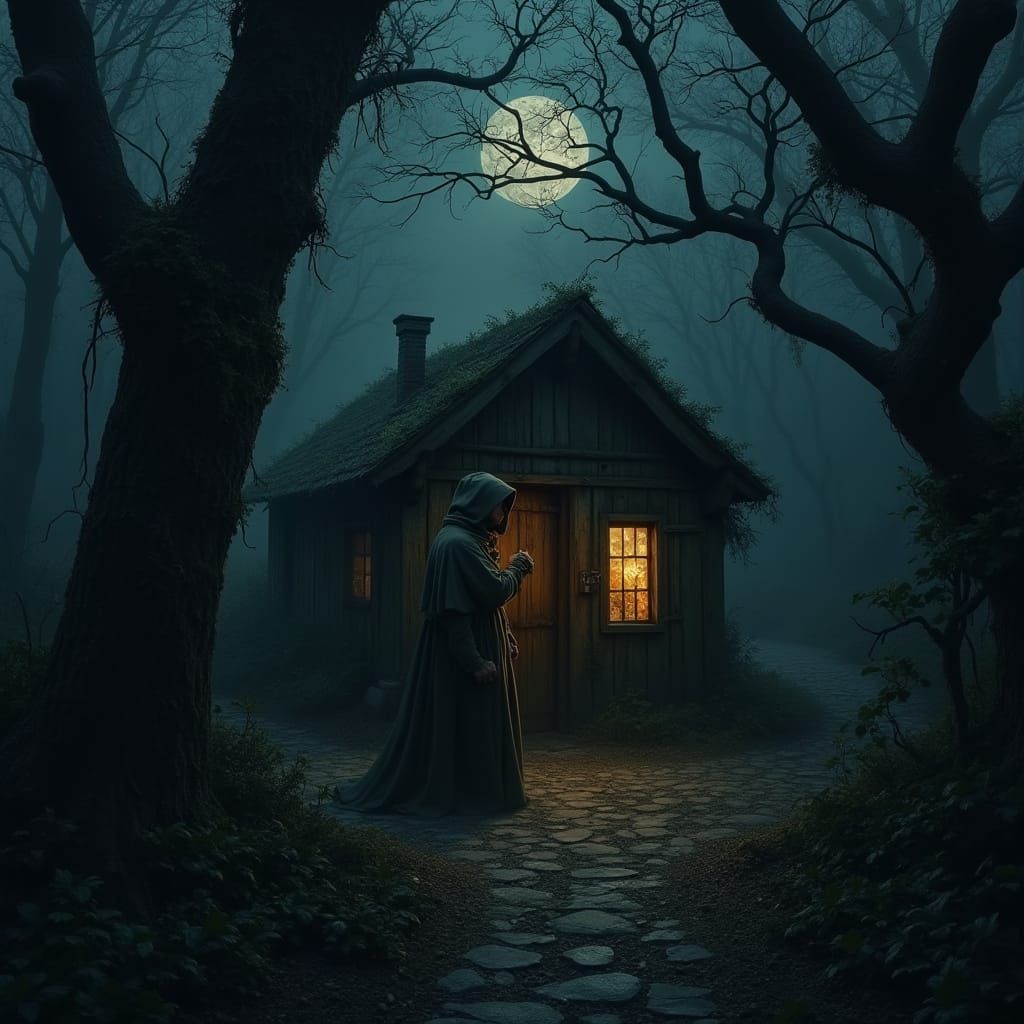 Eerie Medieval Forest Scene in Dark, Mystical Atmosphere