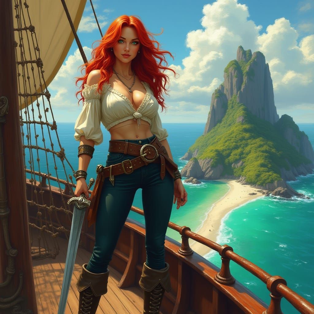 Pirate Woman with Cutlass on Ship Deck
