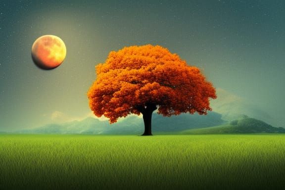 Epic Lone Tree in a Maximalist Digital Landscape