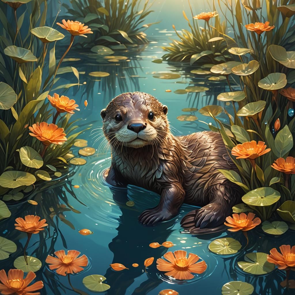 Cute Otter in Whimsical Fantasy Aquatic Dreamscape