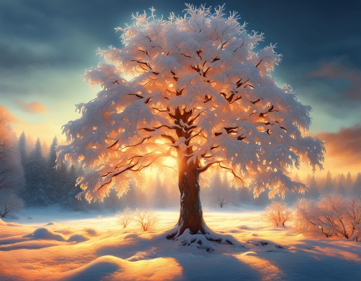 Snowy Maple Tree at Sunrise: Detailed Digital Oil Painting