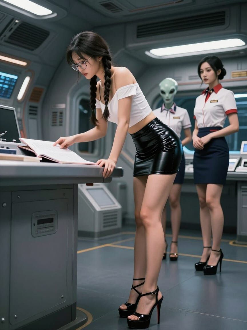 Asian Woman Shows Homework to Alien Engineers in Spaceship E...