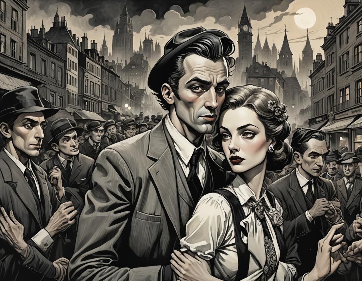 Androgynous Figures Dancing in Cityscape, Tenebrous Style