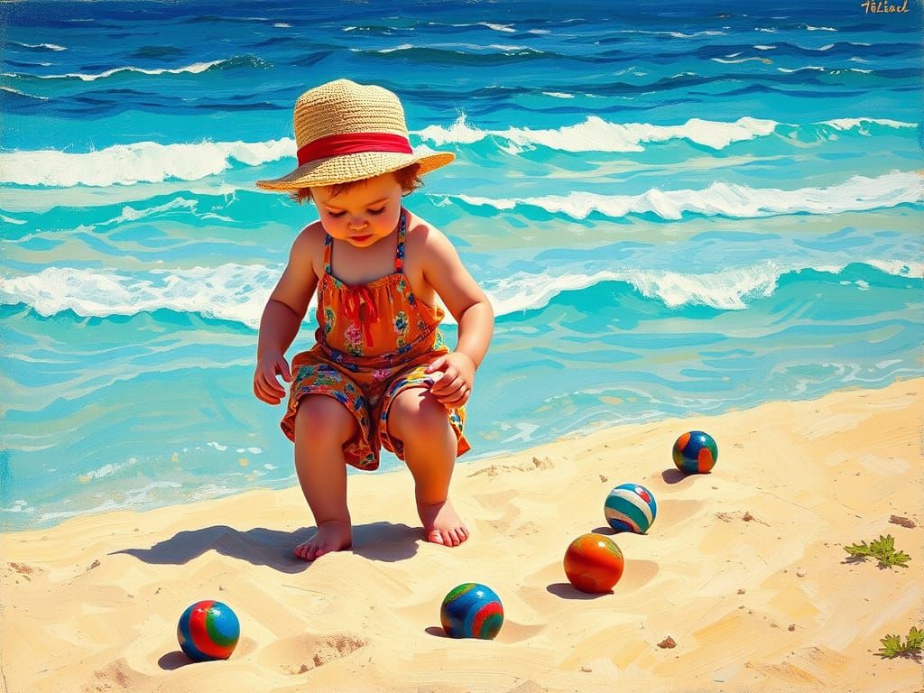Child Plays Marbles on Sardinian Beach, Impasto Painting