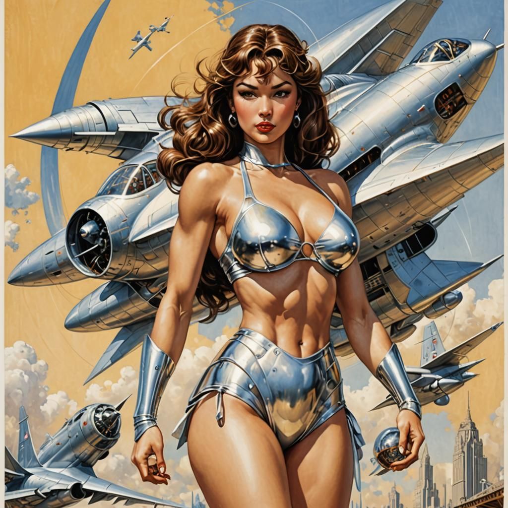 Retro Sci-Fi Pinup in Silver Flying Machine