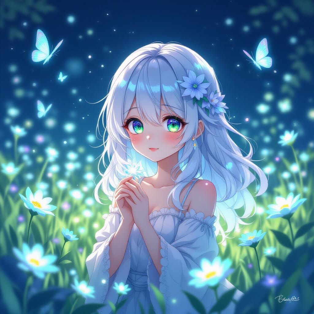 Anime Girl in Bioluminescent Flower Field, Ghibli Style