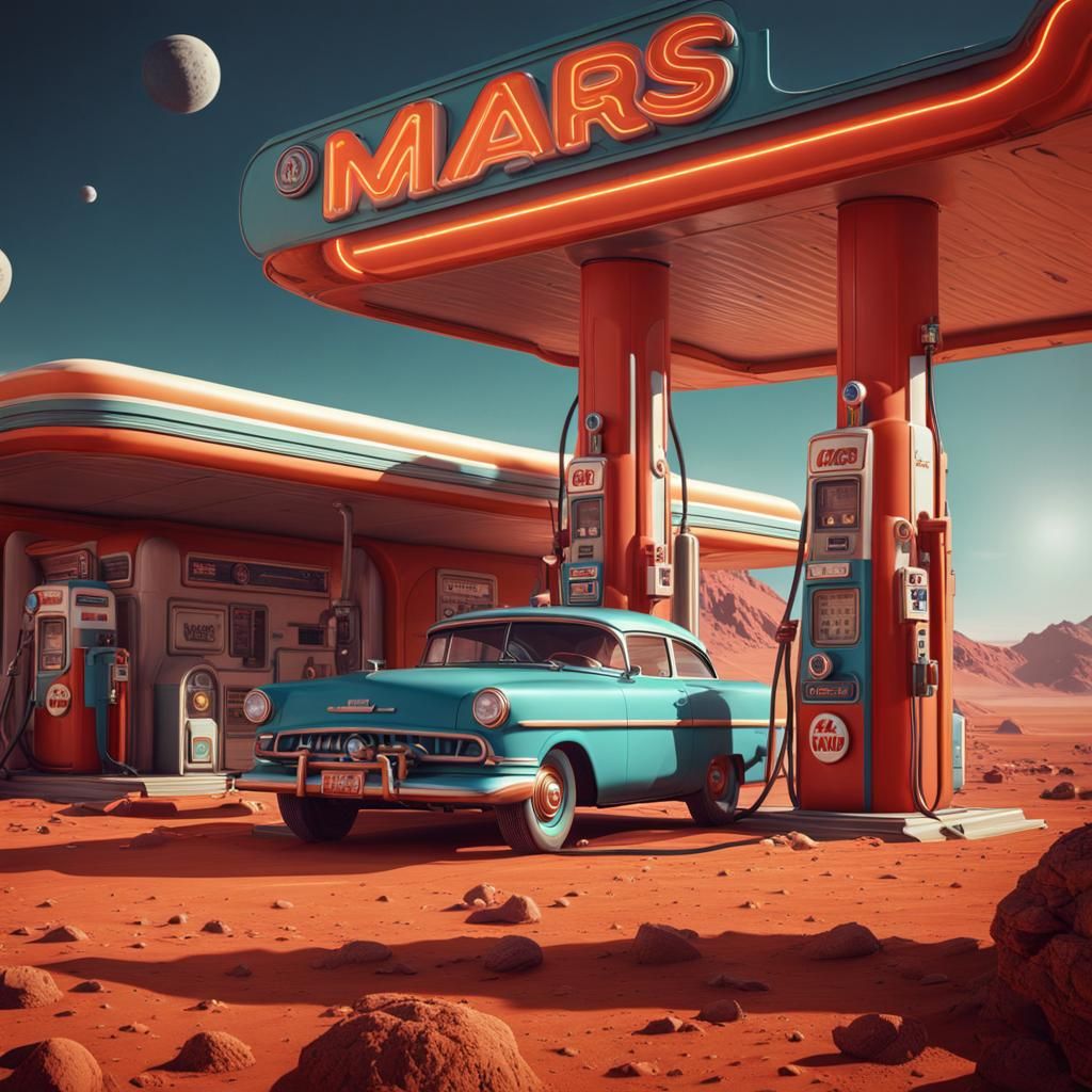 Retro Gas Station on Mars: Detailed Matte Painting