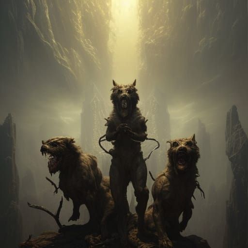 Photorealistic Cerberus in Hyperdetailed Fantasy Scene