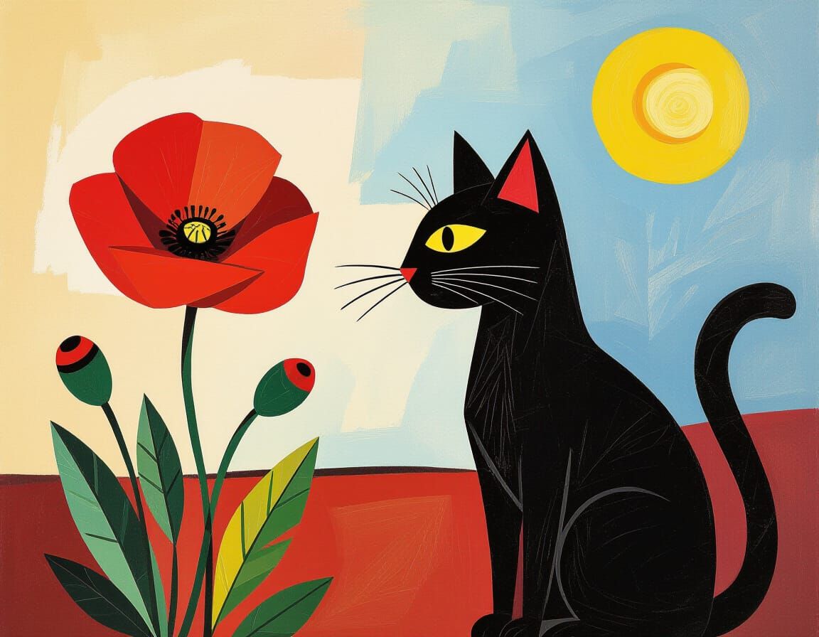 Abstract Black Cat Gazes at Red Poppy, Picasso Inspired