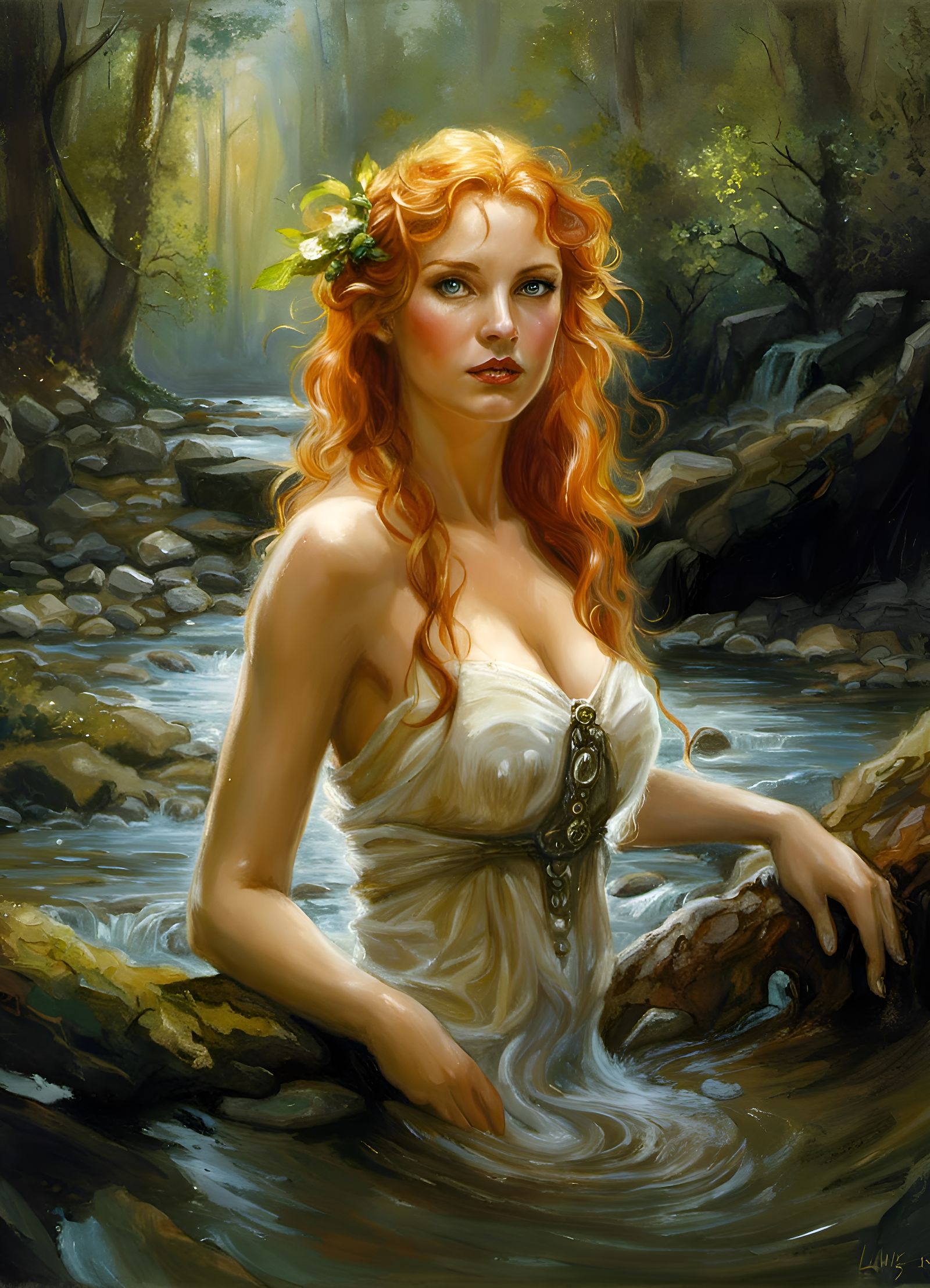 Ginger Woman Bathes in Forest Stream: Digital Art