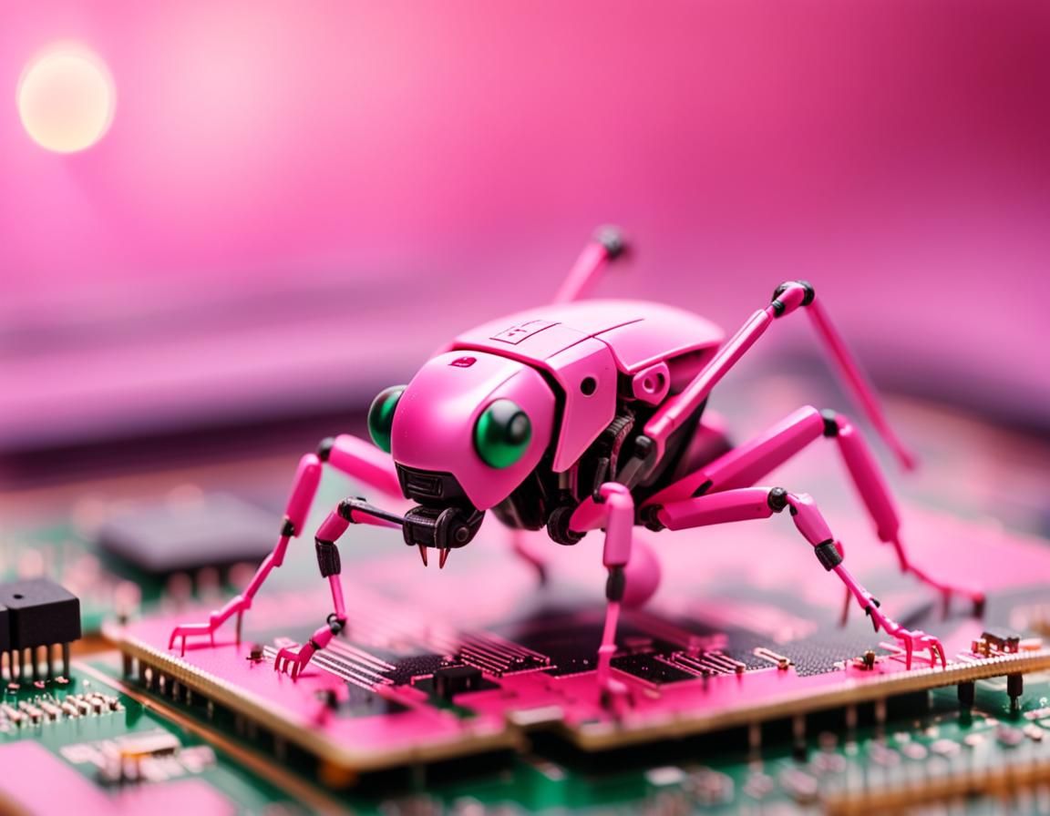 Pink Cricket Robot on Circuit Board, Tilt-Shift