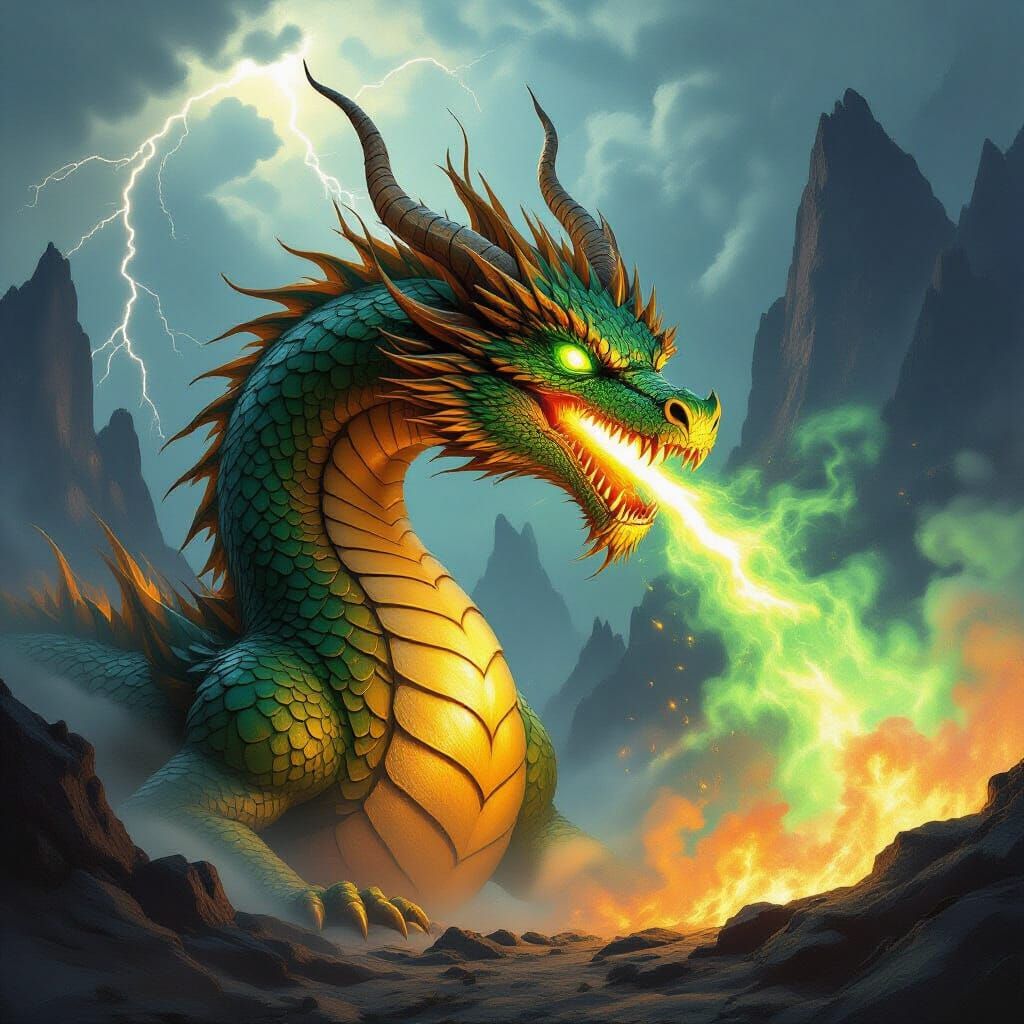 Majestic Golden Dragon Breathes Emerald Fire