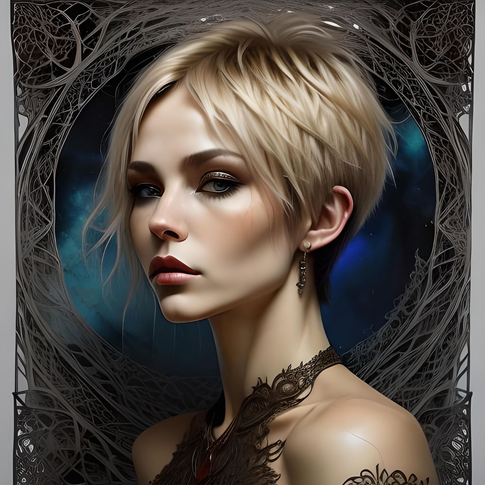 Blonde Pixie in Vermillion Hall: Sfumato Oil Portrait