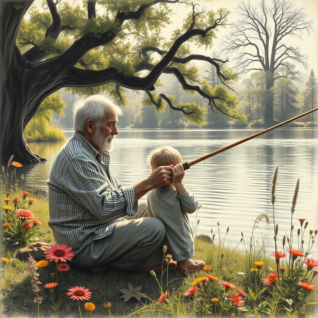 Lakeside Fishing: Charcoal Drawing in Rychlicki Style