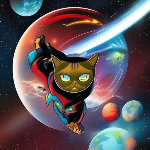 Grumpy Cat as Superman in Space Comic Art