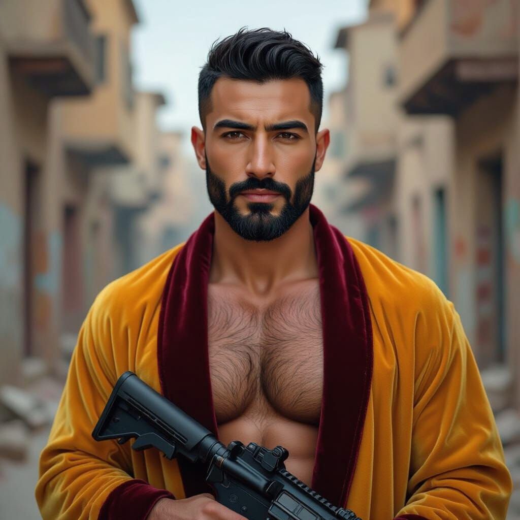 Handsome Man in Velvet Robe Holds Machine Gun