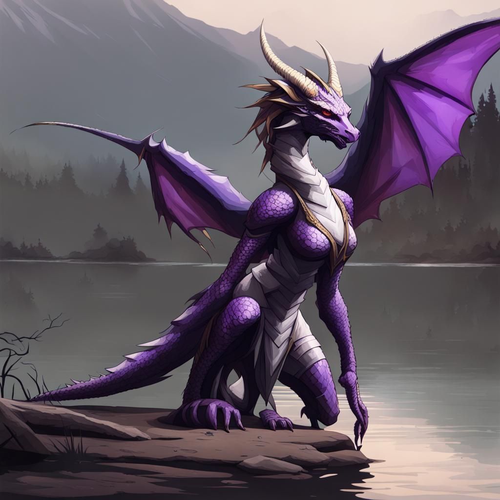 Female Dragonborn Crouching Near a Lake