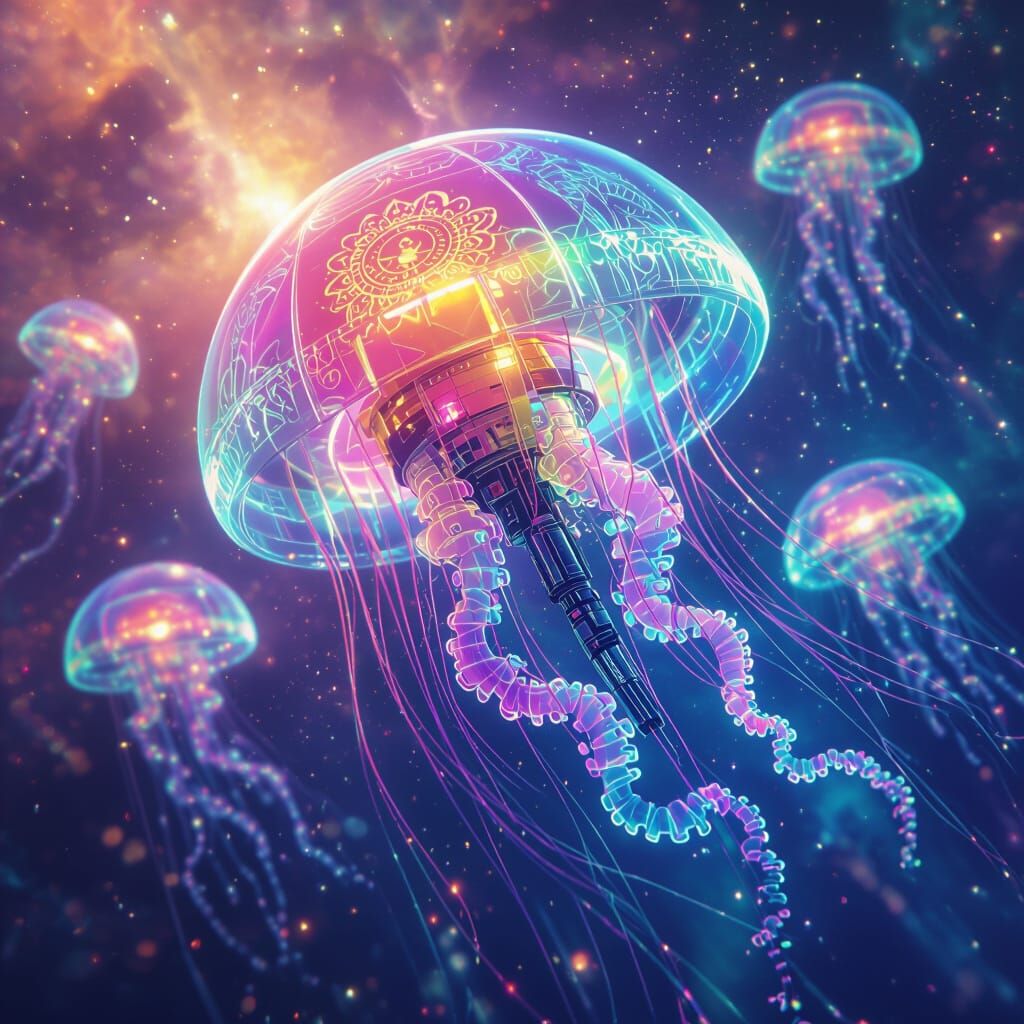 Rainbow Robot Jellyfish in Psychedelic Nebula