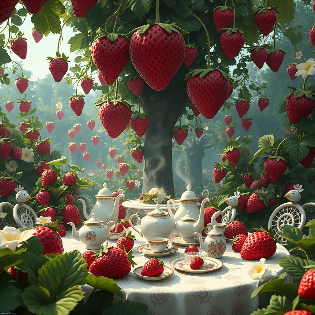 Whimsical Strawberry Tea Party in Futuristic Landscape