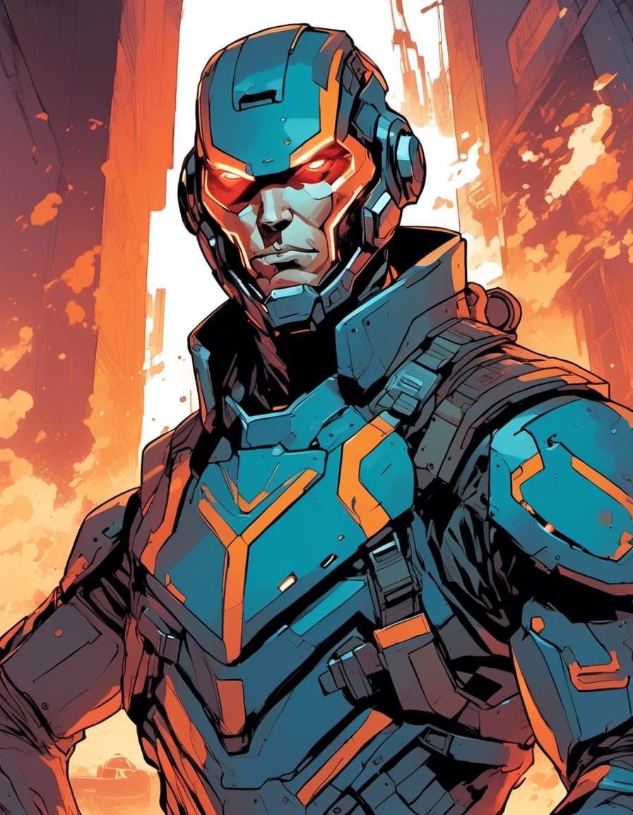 Cybernetic Vigilante Portrait in Comic Book Style