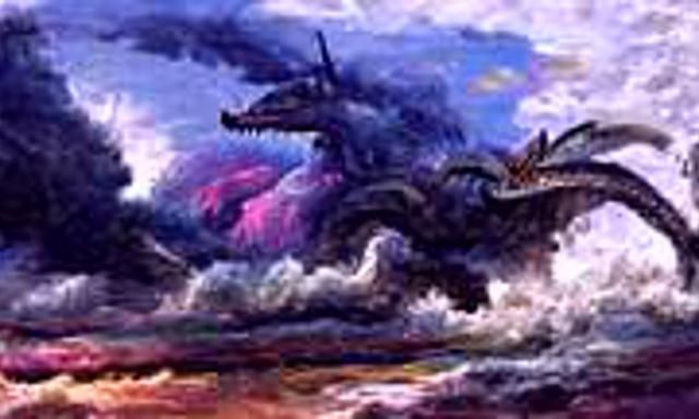 Ominous Four-Winged Dragon Over Stormy Bay: Impressionism
