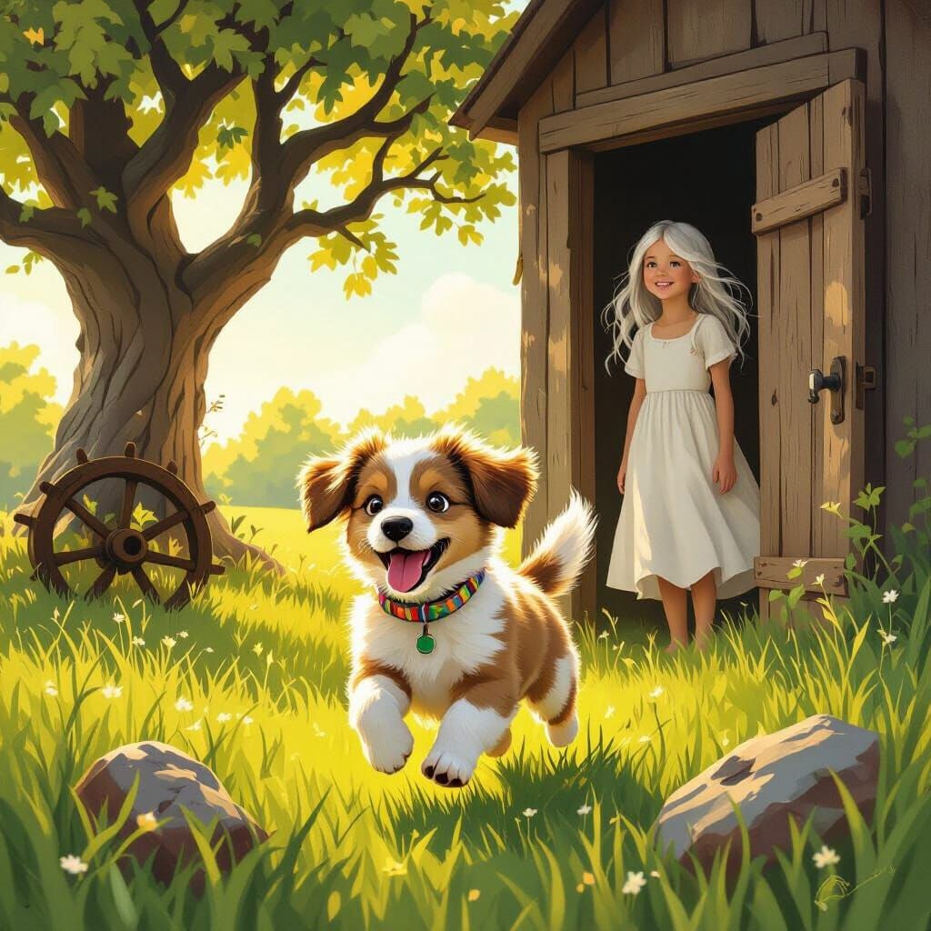 Puppy's Joyful Run Watched by Silver-Haired Girl