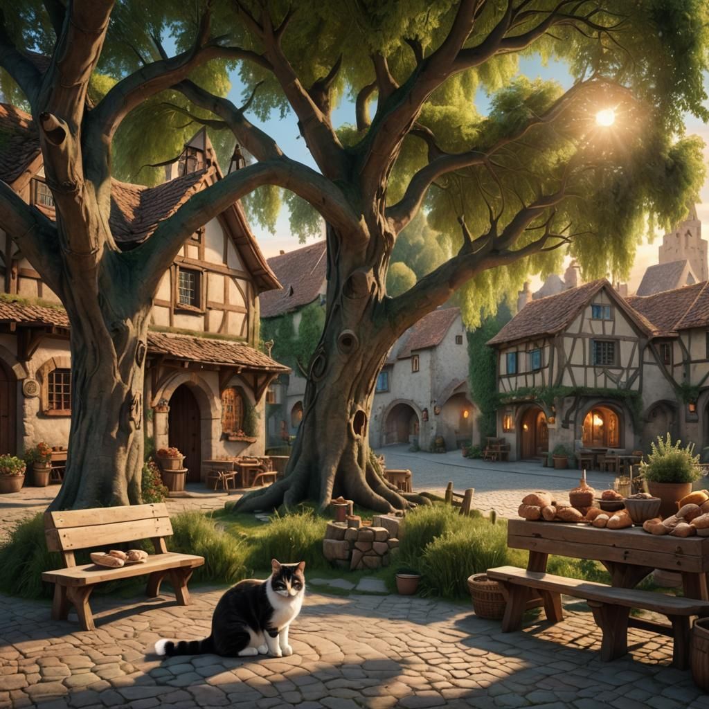 Medieval Village Square at Sunset in Digital Painting
