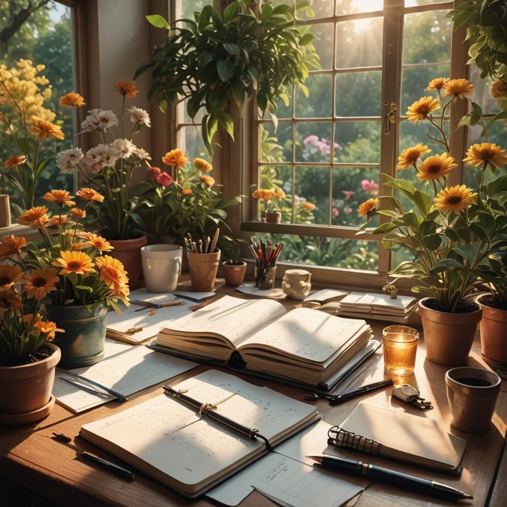 Serene Workspace with Notebook: Fantasy Concept Art