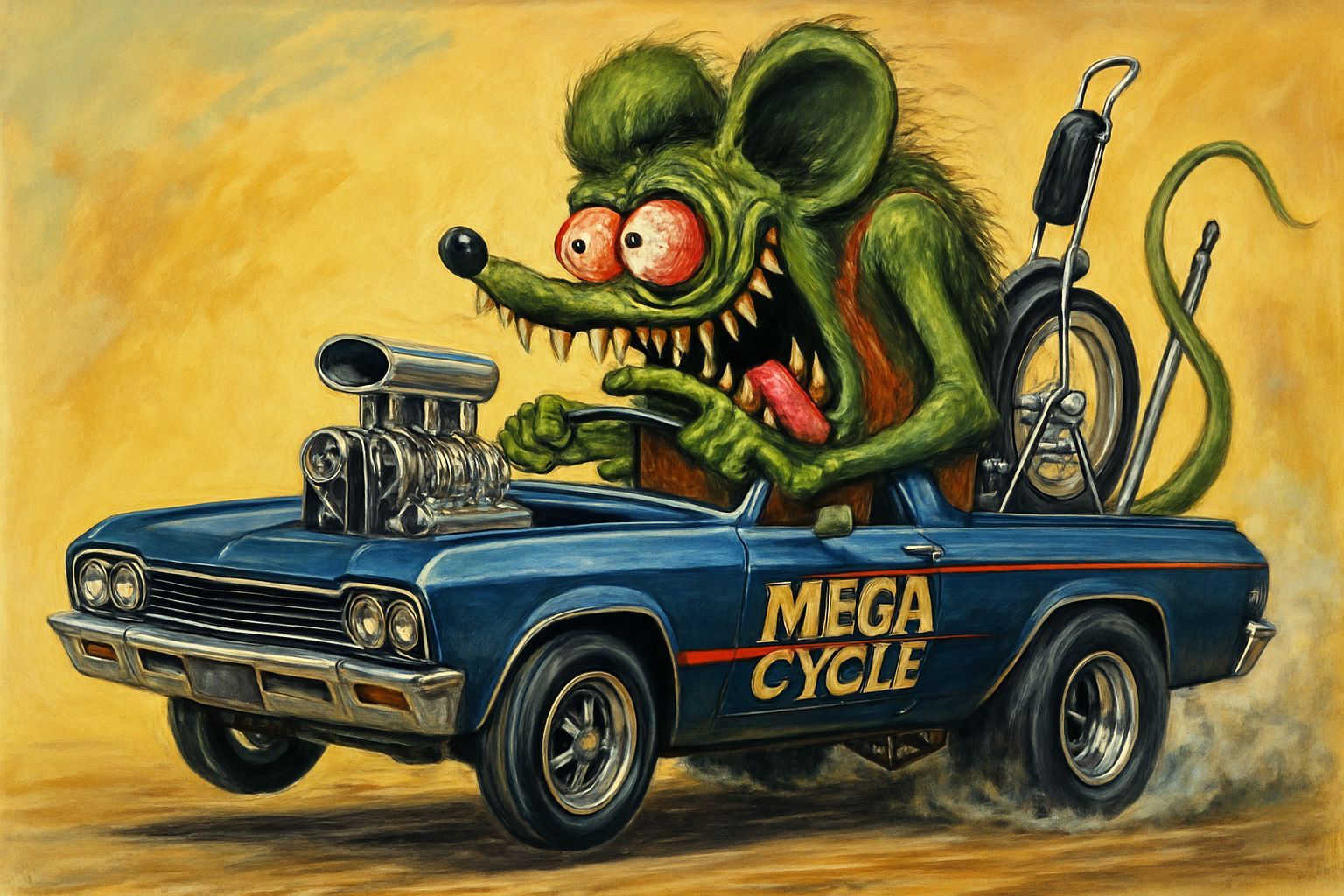Rat Fink Drives Ed Roth's Mega Cycle